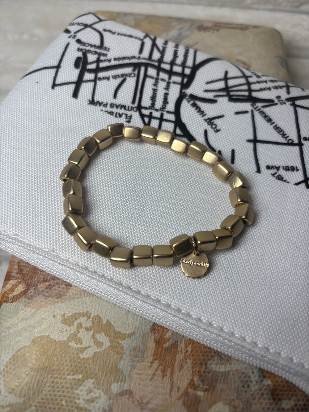 Marlyn Schiff Stretch Square Shape Beaded Bracelet Gold Tone